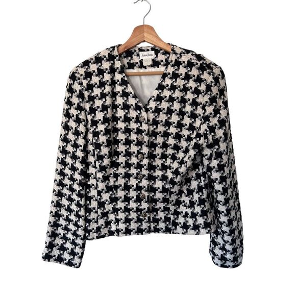Neiman Marcus Black White Twead Silk Button Front Blazer Size 6 Classic - Picture 2 of 12